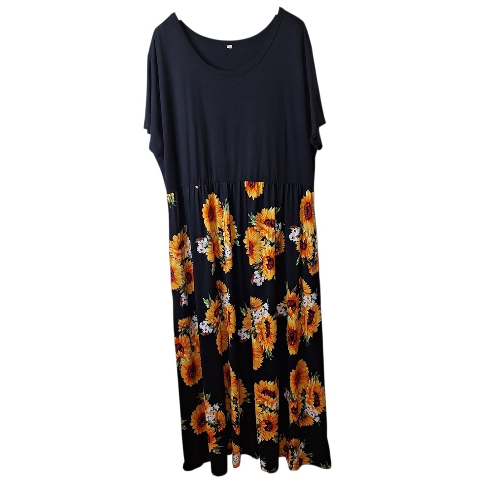 Womens 26W Maxi Dress Black Sunflower Print Pockets Stretch Unbranded‎ Comfort